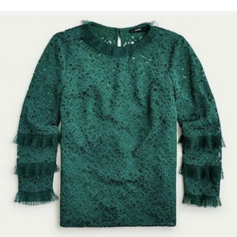 J. Crew Green Teal Lace Top feminine boho Ruffle Detail spring blouse size XS